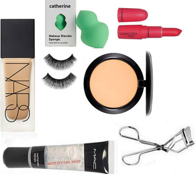 

catherine Sponge puff, Foundation, Compact, Giambattista lipstick, Mattifying Base primer gel, Eyelashes, Eyelashes Curler(Set of 7)