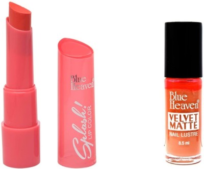 

Blue Heaven splash matte orange lipstick with matte orange nail luster(Set of 2)
