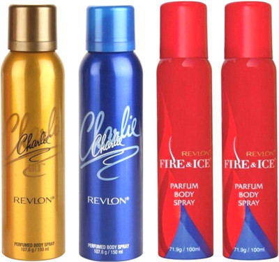 

Revlon CHARLIE GOLD DEODORANT 150 ML+ CHARLIE BLUE DEODORANT 150 ML+ FIRE & ICE DEODORANT 100 ML+ FIRE & ICE DEODORANT 100 ML Body Spray - For Men & Women(150 ml, Pack of 4)