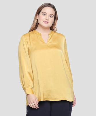 JUNAROSE Casual Cuffed Sleeve Solid Women Yellow Top