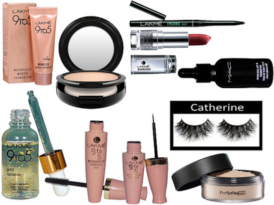

catherine Eyelashes,Studio Fix Compact, Hyper real Foundation, Loose Powder, 9to5 Mousse, Face Serum, Waterproof Mascara And Eyeliner, Enrich Lipstick, Eyeconic kajal(Set of 10)