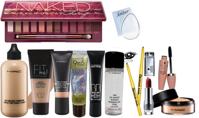 

Amber Silicon puff, Naked eye shadow palette, 9 to 5 infallible primer, enrich lipstick, Mascara, face & body, pro long wear, foundation, prep+prime BB cream, eye make up remover, loose powder, fit me foundation, Colossal k (pack of 2)(Set of 13)