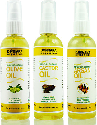 

Donnara Organics Premium Olive oil, Castor oil & Argan oil Combo pack of 3 bottles of 100ml(300 ml) Hair Oil(300 ml)
