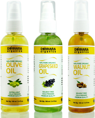 

Donnara Organics Premium Olive oil, Grapeseed oil & Walnut oil Combo pack of 3 bottles of 100ml(300 ml) Hair Oil(300 ml)