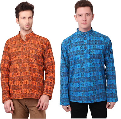 LDHSATI Men Printed Straight Kurta(Blue, Orange)