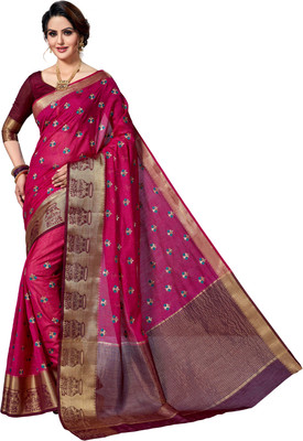 M.S.RETAIL Embroidered, Embellished Kanjivaram Art Silk Saree(Magenta, Pink)
