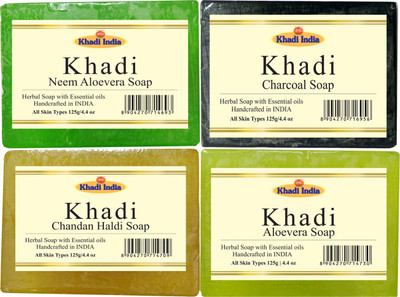 

Khadi Neem Aloevera soap, Charcoal Soap, Aloevera Soap, Chandan Haldi Soap(125 g, Pack of 4)