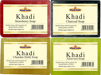 Khadi Strawberry soap, Charcoal Soap, Aloevera Soap, Chandan Haldi Soap(125 g, Pack of 4)