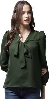 Stylistico Casual Balloon Sleeve Solid Women Green Top