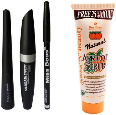 

Miss Boss 3 in One Eyeliner & eyebrow Pencil & Mascara, scrub 212gm combo(Set of 4)