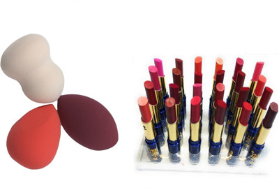 

Miss Boss cinema waterproof lipstick set of 24 , 3 blender puff sponge combo , pack of 2(Set of 2)