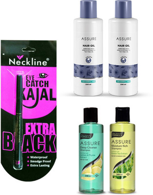 

Assure deep cleanser shampoo , moisture rich shampoo and hair oil 2 pcs with nackline kajal(Set of 5)
