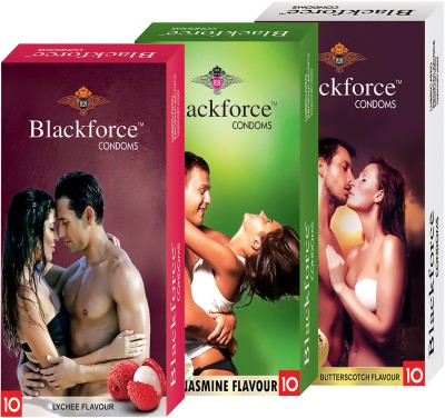 

BLACKFORCE BUTTERSCOTCH , LYCHEE AND JASMINE FLAVOUR DOTTED Condom(Set of 3, 10S)