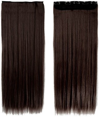 KashQueen 5 Clip Based 100 Gms Synthetic Straight Fashion  Extension/Wig, Dark Brown (26Inchs) with Red Rose Clip Hair Extension