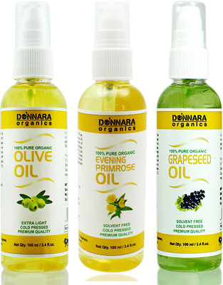

Donnara Organics Premium Olive oil, Evening Primrose oil & Grapeseed oil Combo pack of 3 bottles of 100ml(300 ml) Hair Oil(300 ml)