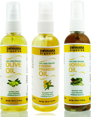 

Donnara Organics Premium Olive oil, Evening Primrose oil_Moringa oil Combo pack of 3 bottles of 100ml(300 ml) Hair Oil(300 ml)