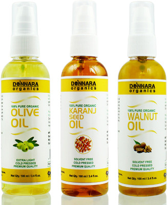 

Donnara Organics Premium Olive oil, Karanj oil & Walnut oil Combo pack of 3 bottles of 100ml(300 ml) Hair Oil(300 ml)