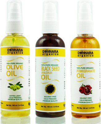 

Donnara Organics Premium Olive oil, Blackseed oil & Pomegranate oil Combo pack of 3 bottles of 100ml(300 ml) Hair Oil(300 ml)