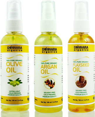 

Donnara Organics Premium Olive oil, Argan oil & Flaxseed oil Combo pack of 3 bottles of 100ml(300 ml) Hair Oil(300 ml)