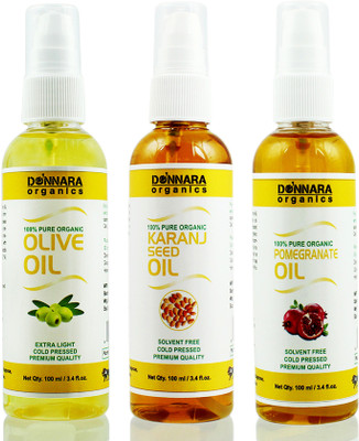 

Donnara Organics Premium Olive oil, Karanj oil & Pomegranate oil Combo pack of 3 bottles of 100ml(300 ml) Hair Oil(300 ml)