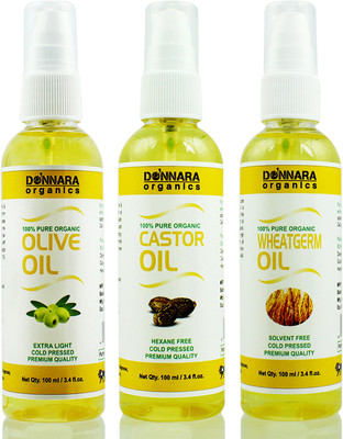 

Donnara Organics Premium Olive oil, Castor oil & Wheatgerm oil Combo pack of 3 bottles of 100ml(300 ml) Hair Oil(300 ml)
