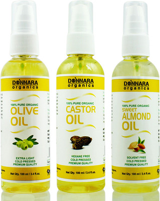 

Donnara Organics Premium Olive oil, Castor oil & Almond oil Combo pack of 3 bottles of 100ml(300 ml) Hair Oil(300 ml)
