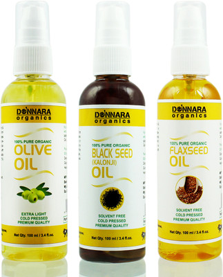 

Donnara Organics Premium Olive oil, Blackseed oil & Flaxseed oil Combo pack of 3 bottles of 100ml(300 ml) Hair Oil(300 ml)