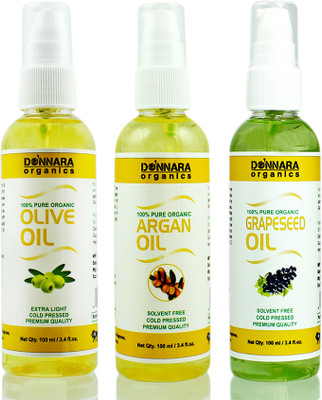 

Donnara Organics Premium Olive oil, Argan oil & Grapeseed oil Combo pack of 3 bottles of 100ml(300 ml) Hair Oil(300 ml)