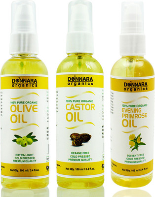 

Donnara Organics Premium Olive oil, Castor oil & Evening Primrose oil Combo pack of 3 bottles of 100ml(300 ml) Hair Oil(300 ml)