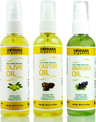 

Donnara Organics Premium Olive oil, Castor oil & Grapeseed oil Combo pack of 3 bottles of 100ml(300 ml) Hair Oil(300 ml)