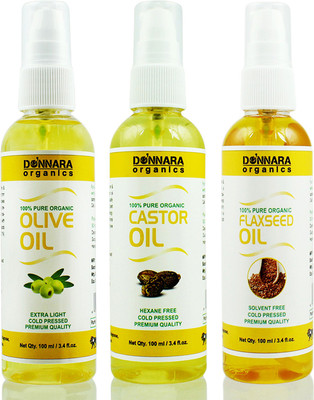 

Donnara Organics Premium Olive oil, Castor oil & Flaxseed oil Combo pack of 3 bottles of 100ml(300 ml) Hair Oil(300 ml)