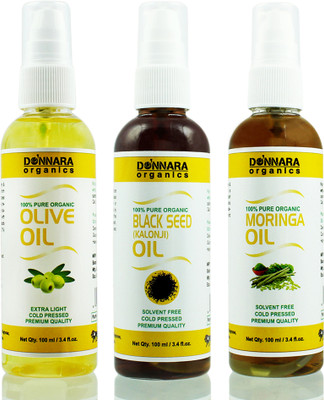 

Donnara Organics Premium Olive oil, Blackseed oil & Moringa oil Combo pack of 3 bottles of 100ml(300 ml) Hair Oil(300 ml)