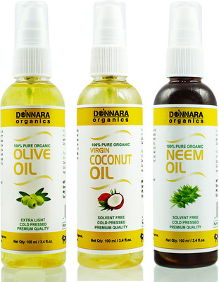 

Donnara Organics Premium Olive oil, Coconut oil & Neem oil Combo pack of 3 bottles of 100ml(300 ml) Hair Oil(300 ml)