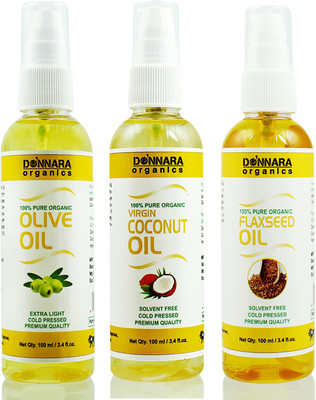 

Donnara Organics Premium Olive oil, Coconut oil & Flaxseed oil Combo pack of 3 bottles of 100ml(300 ml) Hair Oil(300 ml)