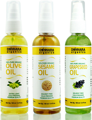 

Donnara Organics Premium Olive oil, Sesame oil & Grapeseed oil Combo pack of 3 bottles of 100ml(300 ml) Hair Oil(300 ml)
