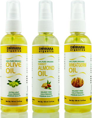 

Donnara Organics Premium Olive oil, Sweet Almond oil & Wheatgerm oil Combo pack of 3 bottles of 100ml(300 ml) Hair Oil(300 ml)