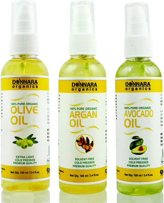 

Donnara Organics Premium Olive oil, Argan oil & Avocado oil Combo pack of 3 bottles of 100ml(300 ml) Hair Oil(300 ml)
