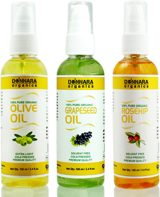 

Donnara Organics Premium Olive oil, Grapeseed oil & Rosehip oil Combo pack of 3 bottles of 100ml(300 ml) Hair Oil(300 ml)