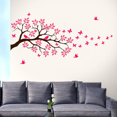 new way decals 1 cm black branch with pink leaves and birds Removable Sticker(Pack of 1)