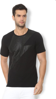 Van Heusen Self Design Men Round Neck Black T-Shirt