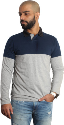Himgiri International Color Block Men Polo Neck Blue, Grey T-Shirt