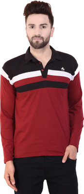 AD & AV Striped Men Polo Neck Red, White, Black T-Shirt