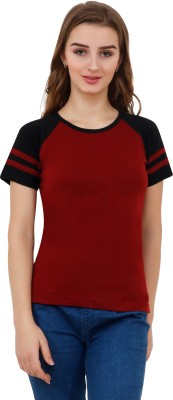 Reifica Striped Women Round Neck Maroon, Black T-Shirt