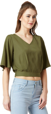 Miss Chase Casual Flared Sleeve Solid Women Green Top