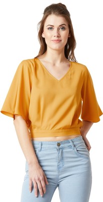 Miss Chase Casual Flared Sleeve Solid Women Yellow Top