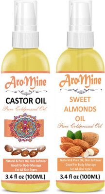 

Aromine 100% Castor Oil Pure & Natural And Cold Pressed Sweet Almond Oil For Hair and Skin, 100ml-Pack of-2-Bottle-(200ml) Hair Oil (Combo) Hair Oil(200 ml)