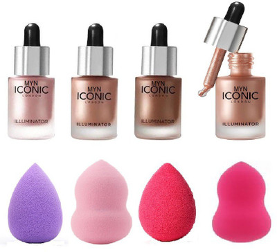 

Myn Combo of 4pc blender puff with illuminator highlighter pack of 4(Original, Glow, Shine, Blush) High Gloss(Set of 8)