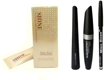 

Miss Boss 3 in One Eyeliner & eyebrow Pencil & Mascara, Oil-Free Illuminator Makeup Base 40gm(Set of 4)