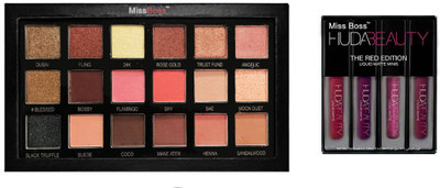 

Miss Boss hb Golden Sand 3D Highlighter Palette (multicolor) and huda Edition (red) lipstick combo, pack of 2(Set of 2)