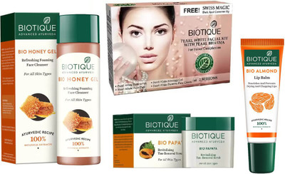 

BIOTIQUE BIO Honey Face Cleanser For All Skin Types,Pearl White Facial Kit, Bio Papaya Revitalizing Tan Removal Scrub , LIP CARE(Set of 4)